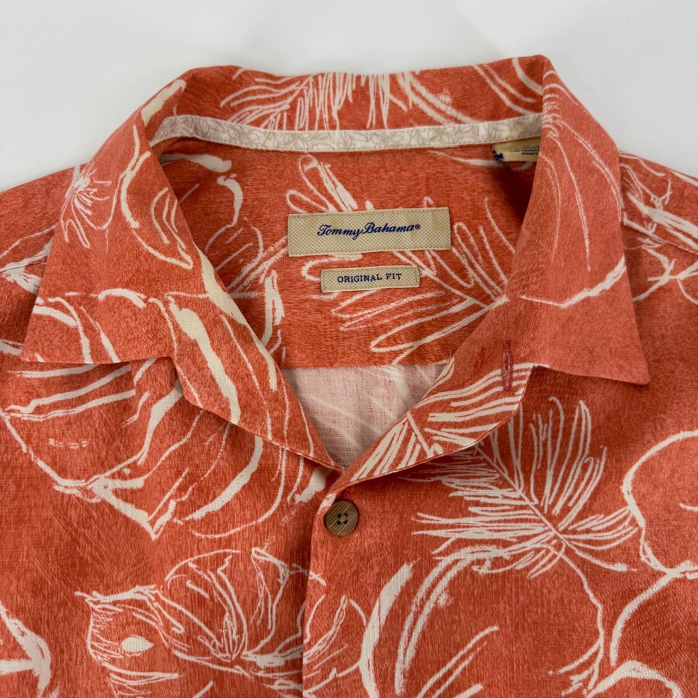 Tommy Bahama Mens Large Silk Blend Floral Button Up Shirt Coral Original Fit